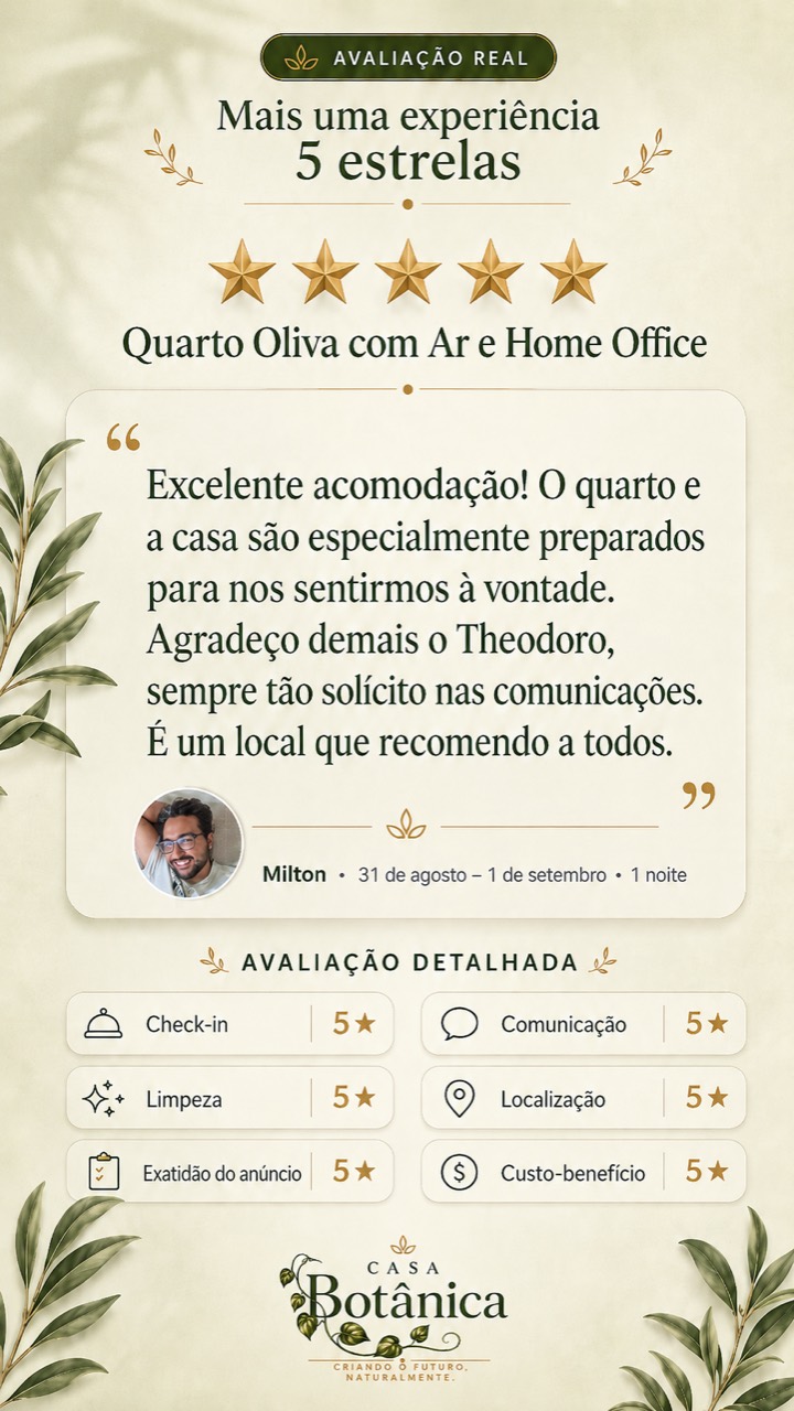 Avaliação cinco estrelas de Milton sobre o Quarto Oliva