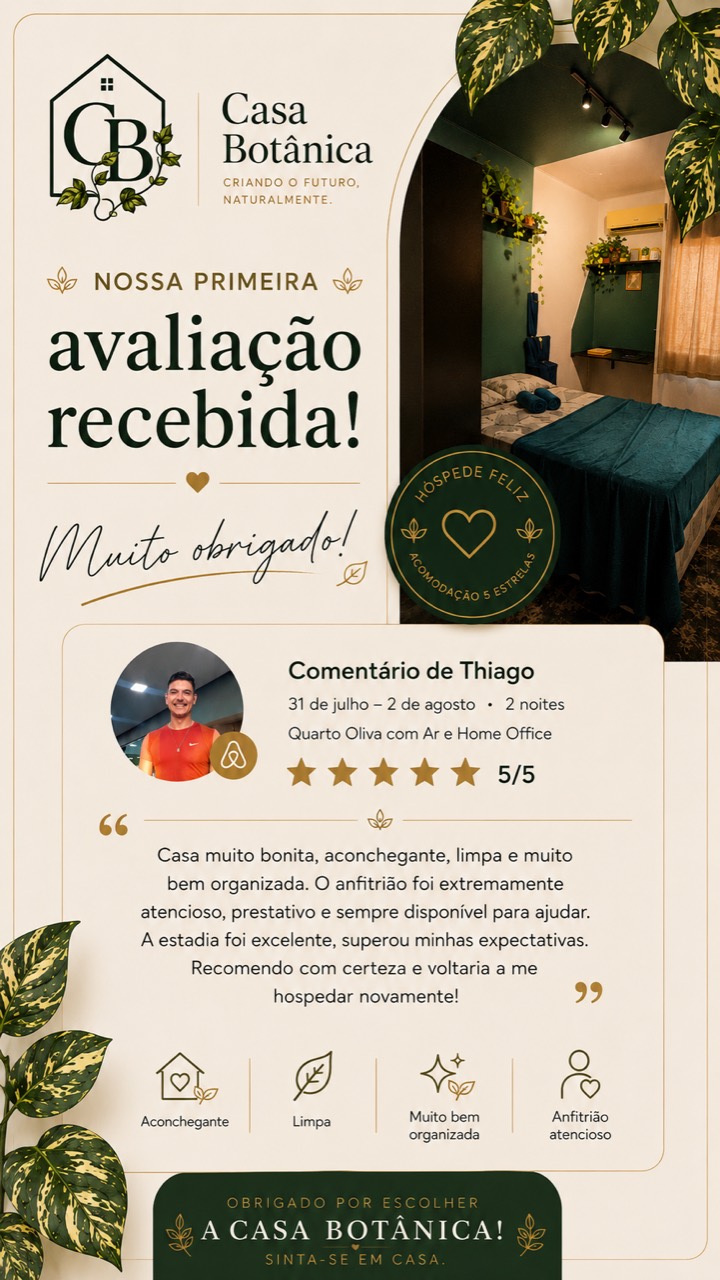 Primeira avaliação cinco estrelas recebida para o Quarto Oliva